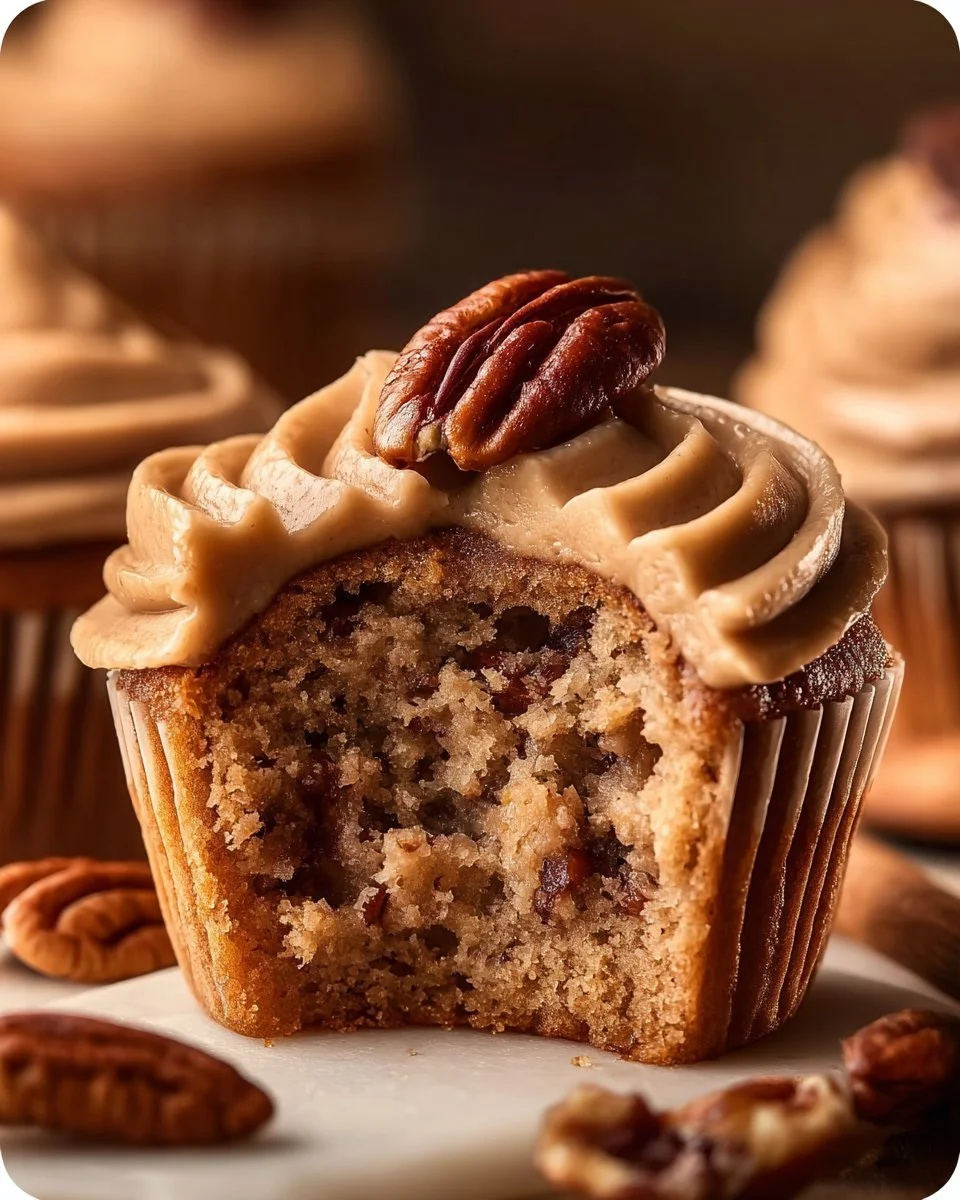Delicious pecan pie cupcakes with brown sugar frosting on a decorative plate