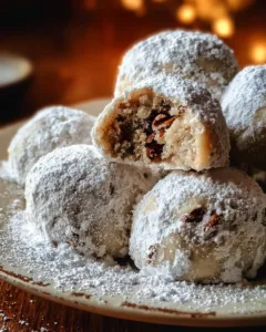 Delicious homemade Pecan Snowball Cookies dusted with powdered sugar.