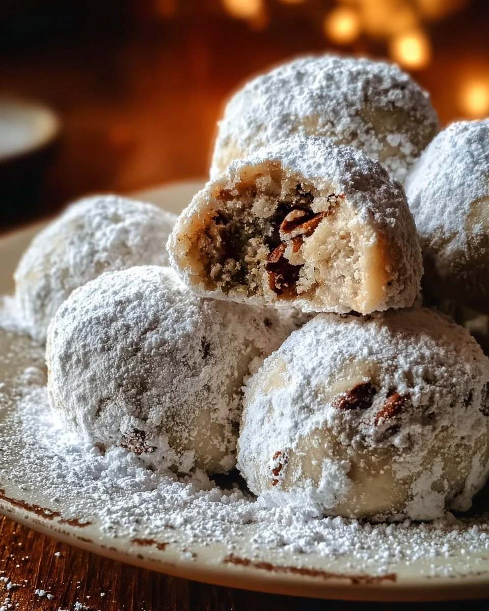 Delicious homemade Pecan Snowball Cookies dusted with powdered sugar.