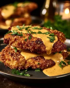 Pretzel-crusted chicken served with creamy mustard cheddar sauce on a plate