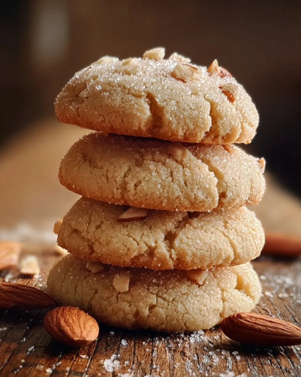 Delicious soft almond cream cookies on a wooden plate with almonds