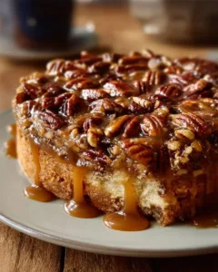 Delicious Southern Pecan Praline Cake topped with caramel and pecans