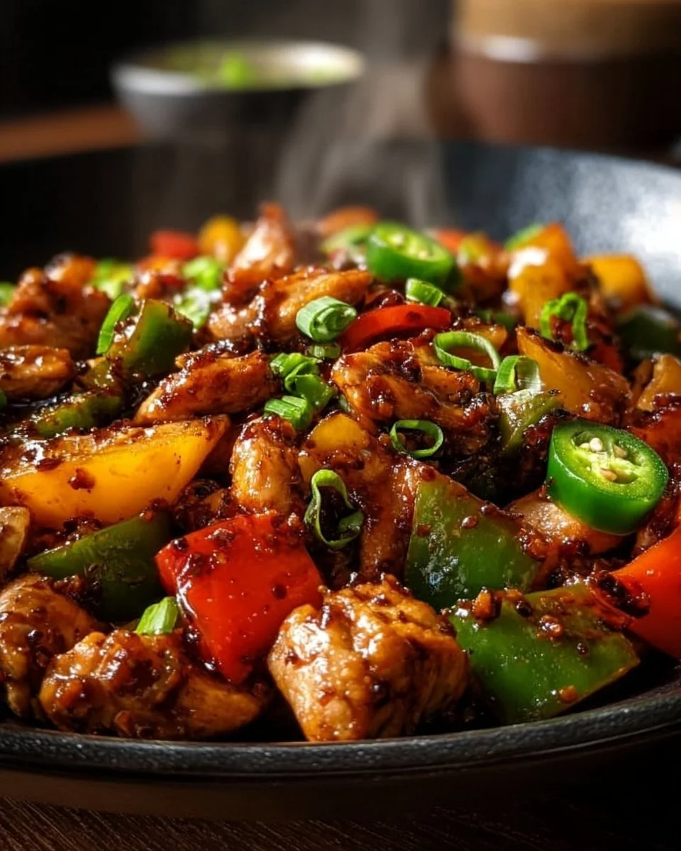 Spicy jalapeño chicken stir-fry served with colorful vegetables in a bowl