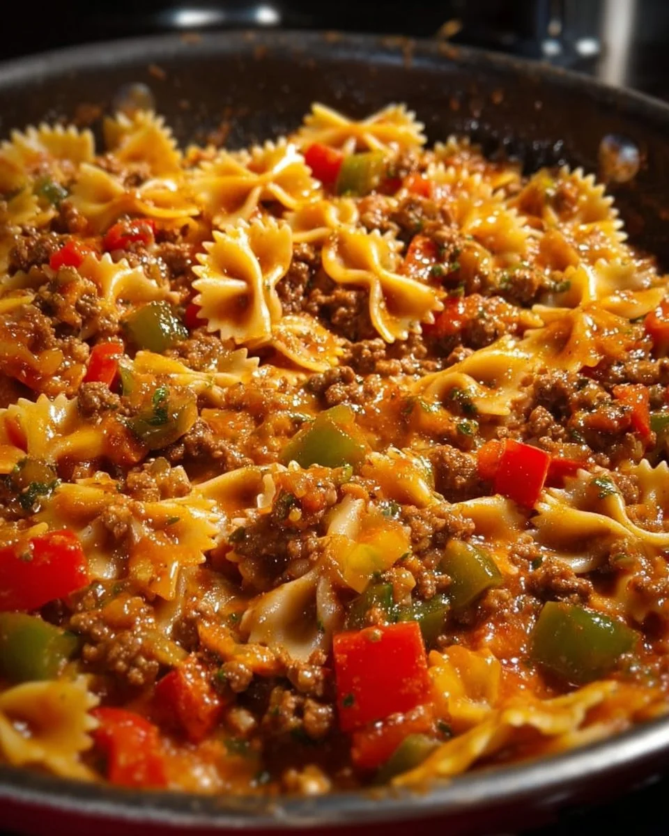 Delicious stuffed pepper pasta skillet served in a colorful dish