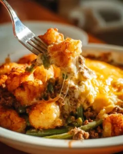 Tater Tot Casserole with hamburger and green beans baked to perfection