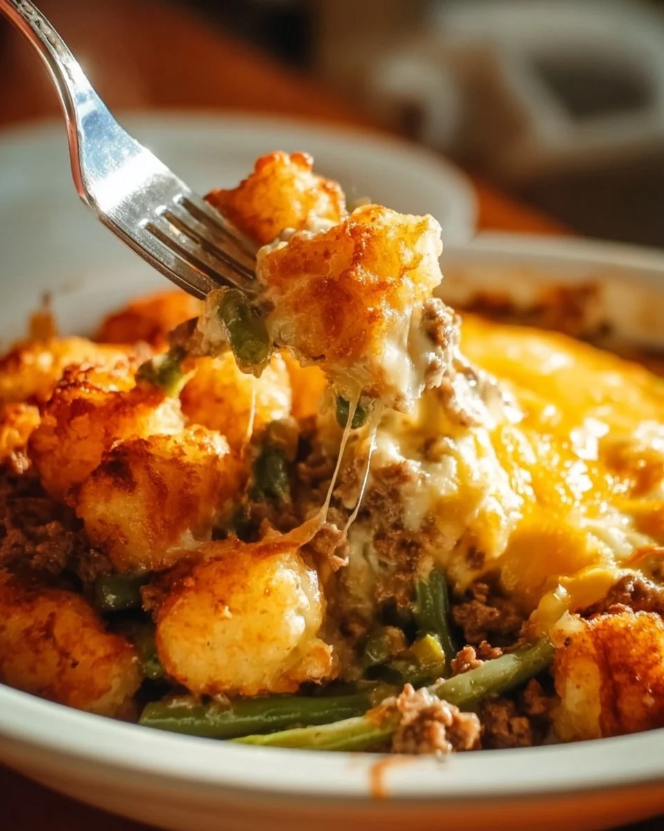 Tater Tot Casserole with hamburger and green beans baked to perfection