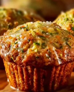 Freshly baked zucchini carrot muffins displayed on a wooden table