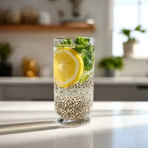 Basil seed drink in a glass with fresh basil leaves and ice