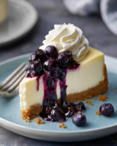 Deliciously creamy blueberry cheesecake topped with fresh blueberries