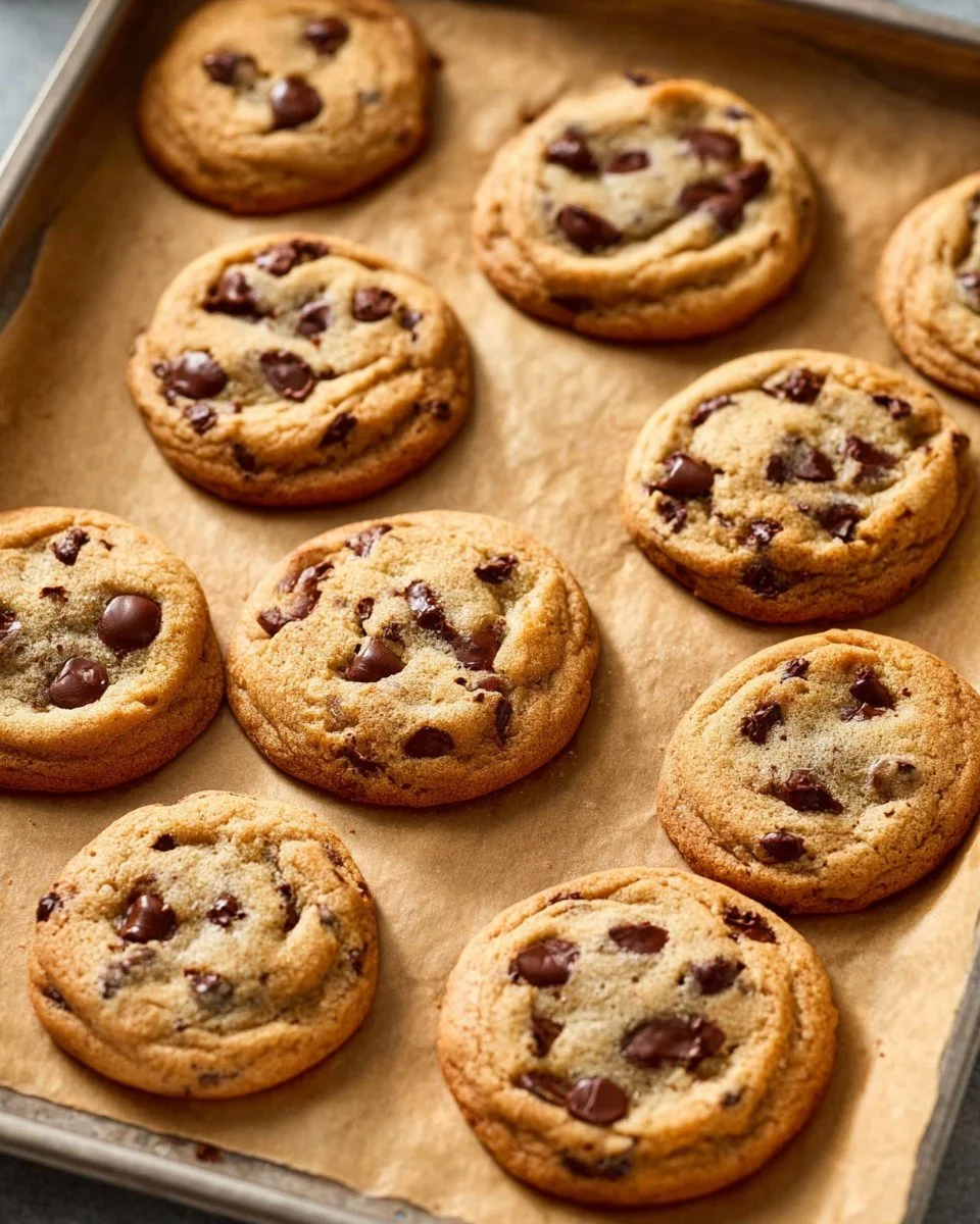 Freshly baked brown butter chocolate chip cookies on a cooling rack