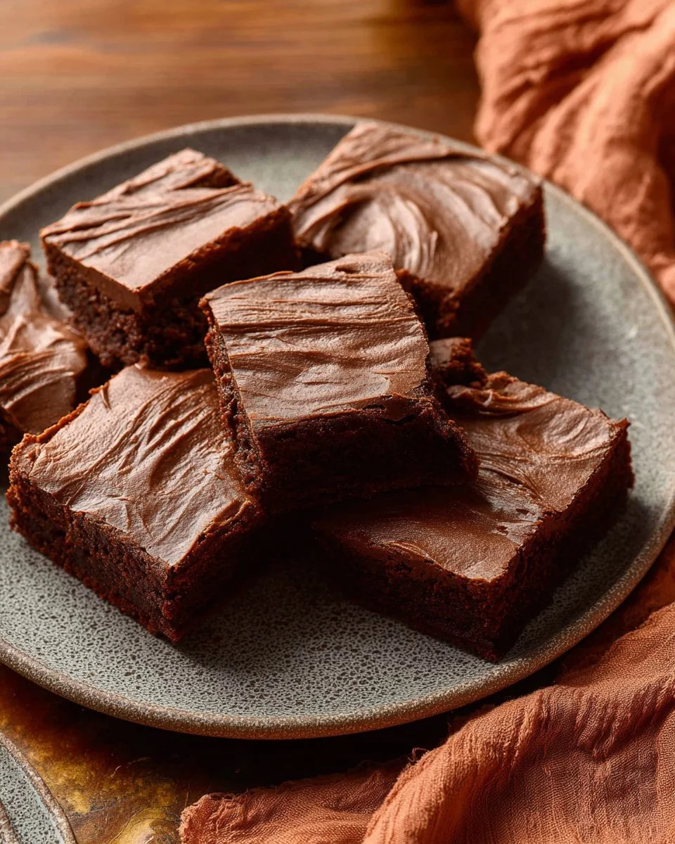 Delicious chocolate brownies with thick chocolate frosting on a plate