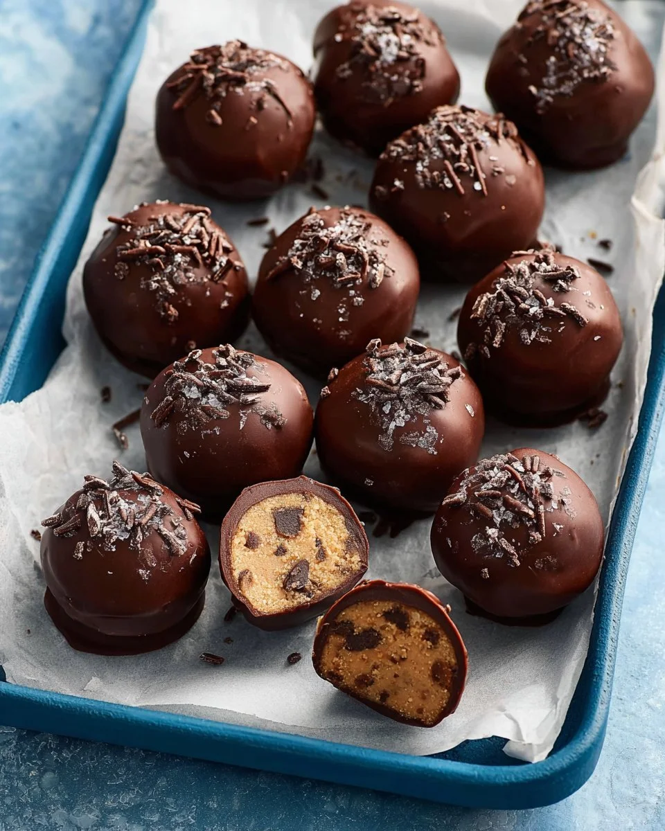 Decadent chocolate chip cookie truffles on a plate.