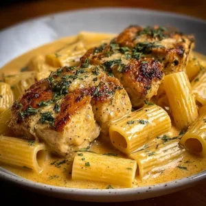 Creamy garlic butter chicken with rigatoni and Parmesan sauce served on a plate.
