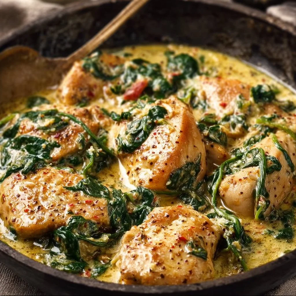 Creamy Garlic Butter Chicken with Spinach served on a plate.