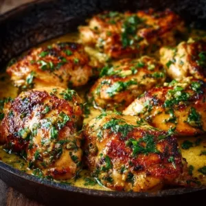 Delicious Garlic Butter Chicken served on a plate with herbs and garlic cloves.