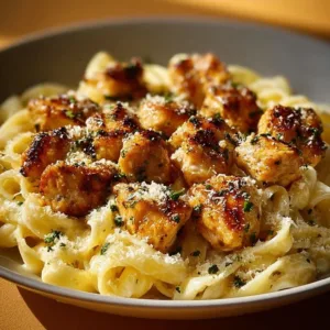 Delicious Garlic Butter Chicken Bites served with creamy Parmesan pasta