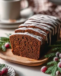 Sliced gingerbread loaf drizzled with orange icing on a festive table.