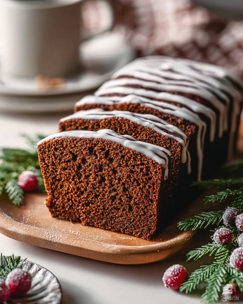 Sliced gingerbread loaf drizzled with orange icing on a festive table.