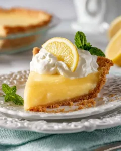 Lemon Almond Pie topped with a lemon slice and almond flakes
