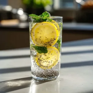 Refreshing Lemon Basil Seed Drink served in a glass with basil leaves
