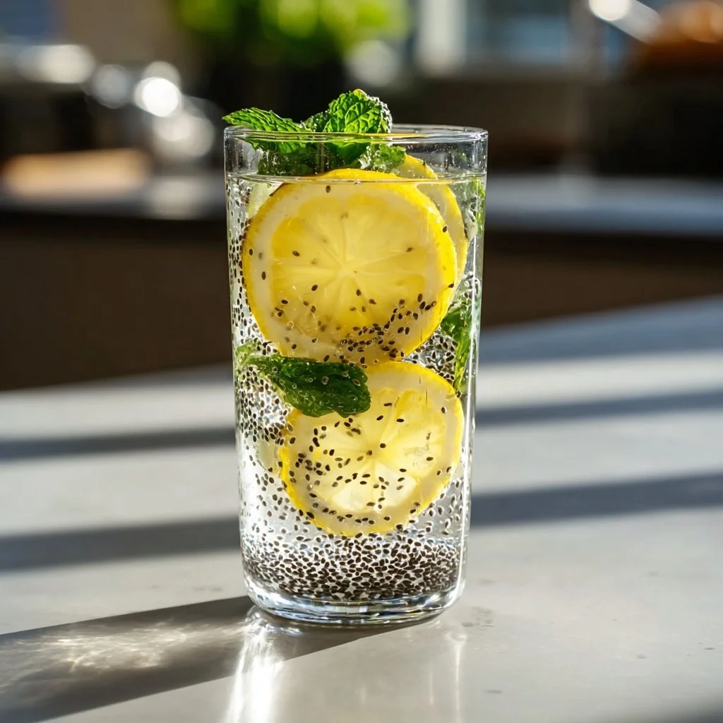Refreshing Lemon Basil Seed Drink served in a glass with basil leaves