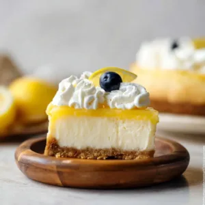 Delicious slice of lemon cheesecake topped with fresh lemon zest and berries