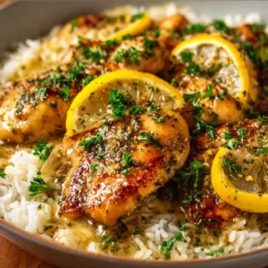 Lemon Garlic Butter Chicken Breasts garnished with fresh herbs on a plate