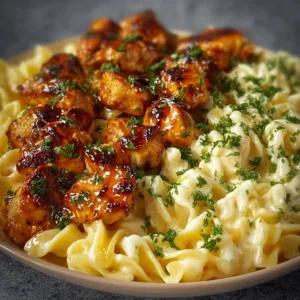 Lemon Garlic Butter Chicken served with creamy Parmesan pasta on a plate.