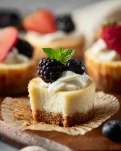 Delicious mini cheesecakes topped with fresh fruit and whipped cream