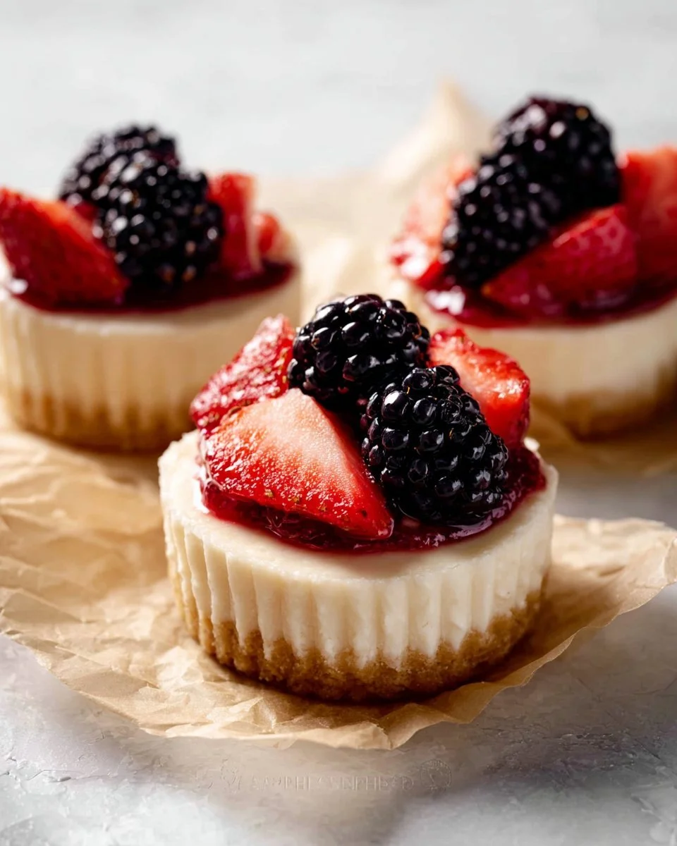 Mini cheesecakes topped with fresh fruit and drizzled chocolate.