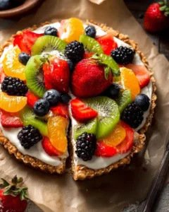 No-bake yogurt tart with fresh fruits and a graham cracker crust