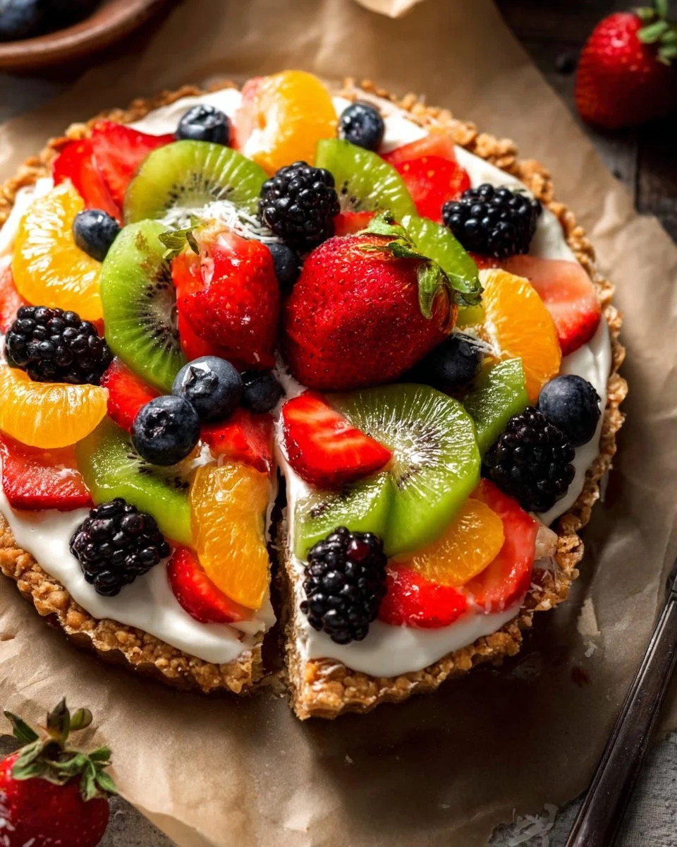 No-bake yogurt tart with fresh fruits and a graham cracker crust