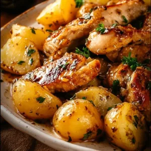 One-Pan Garlic Butter Chicken with Potatoes garnished with herbs