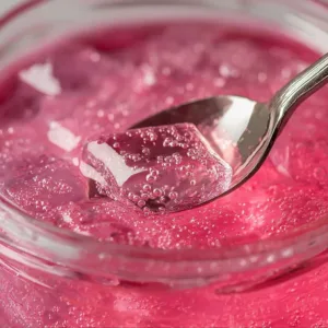 Refreshing pink gelatin drink served in a glass with fruit garnish