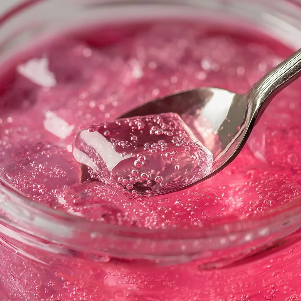 Refreshing pink gelatin drink served in a glass with fruit garnish