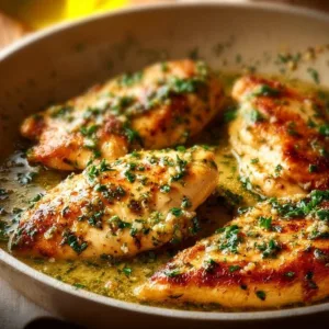 Plate of quick garlic butter chicken garnished with herbs