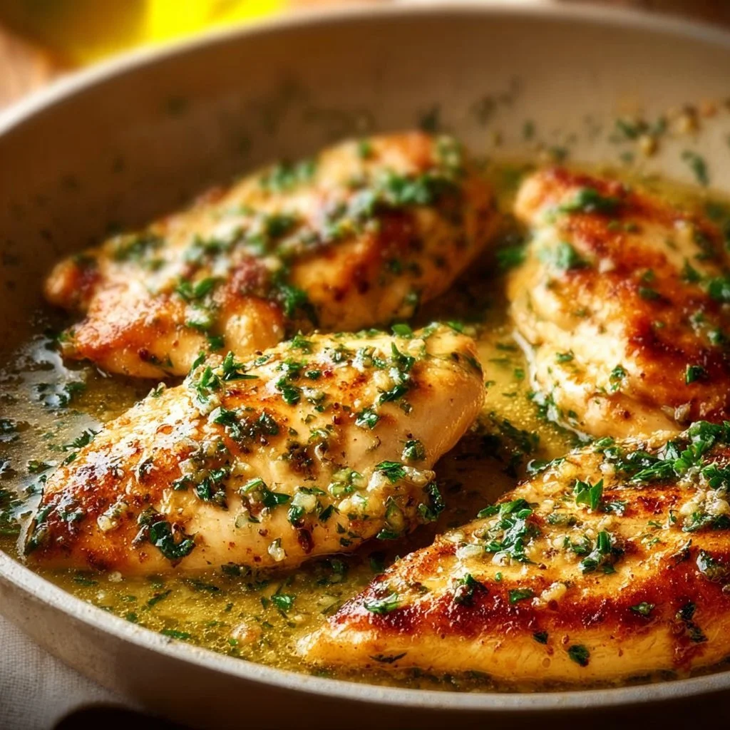 Plate of quick garlic butter chicken garnished with herbs