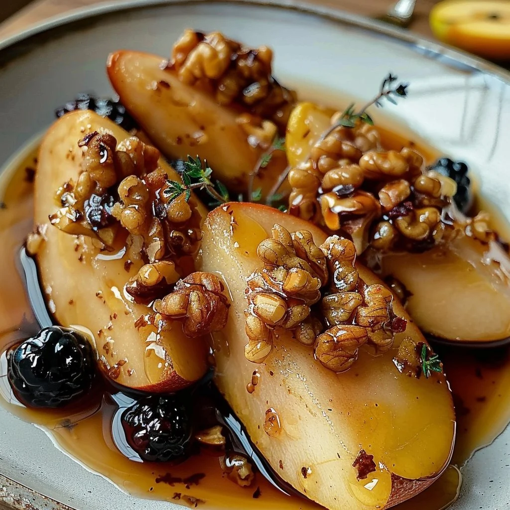 Baked pears topped with honey and walnuts, showcasing a delicious dessert.