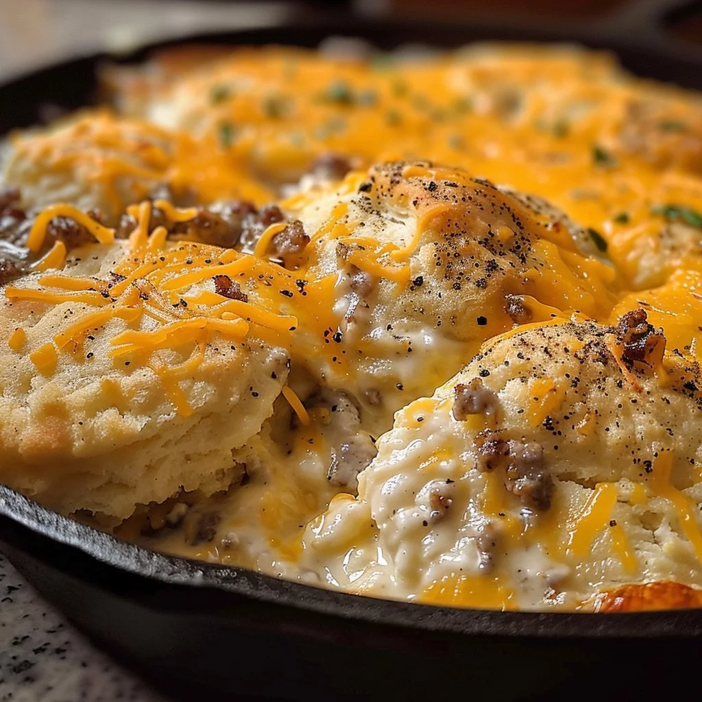 Delicious Biscuits Gravy Hashbrown Bake served in a casserole dish
