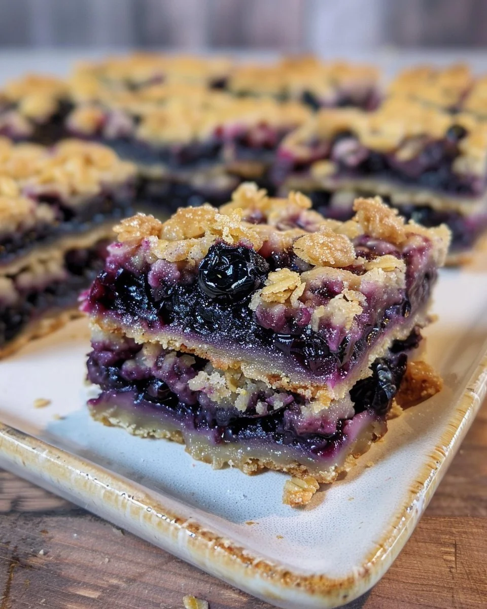 Delicious blueberry crumble bars on a white plate