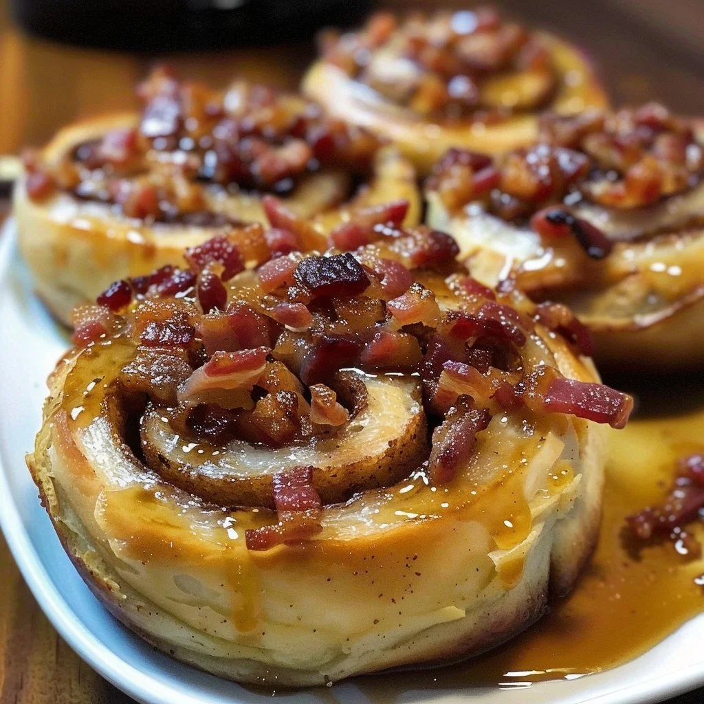 Delicious Bourbon Maple Bacon Cinnamon Rolls topped with glaze and crispy bacon