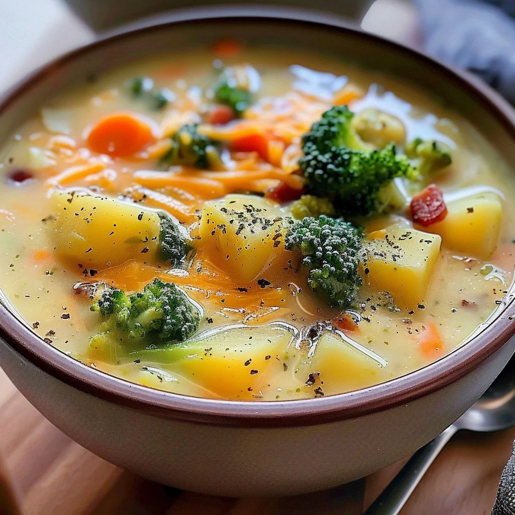 A bowl of creamy broccoli potato soup garnished with fresh herbs and pepper.