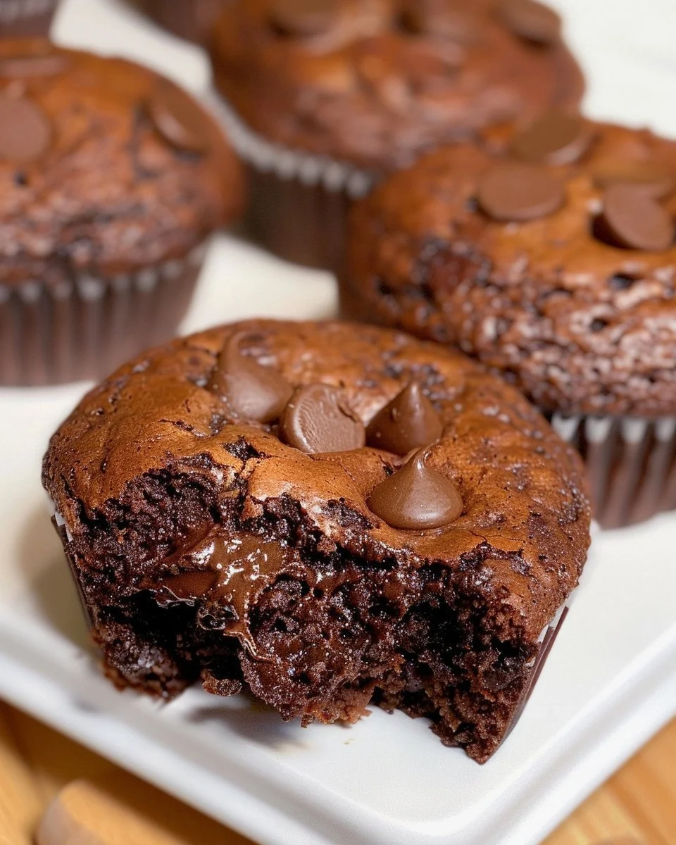 Fudgy brownie muffins topped with chocolate chips and served on a plate