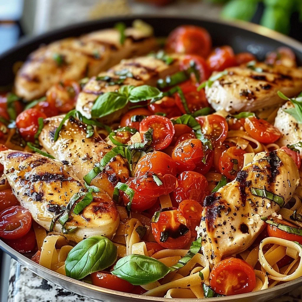 Delicious Bruschetta Chicken served on pasta with fresh ingredients and herbs.