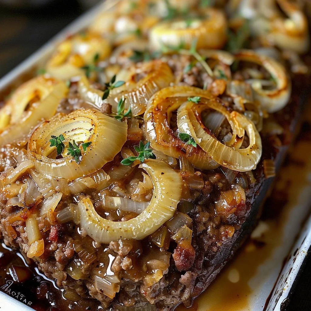 Crockpot French Onion Beefloaf with melted cheese and caramelized onions