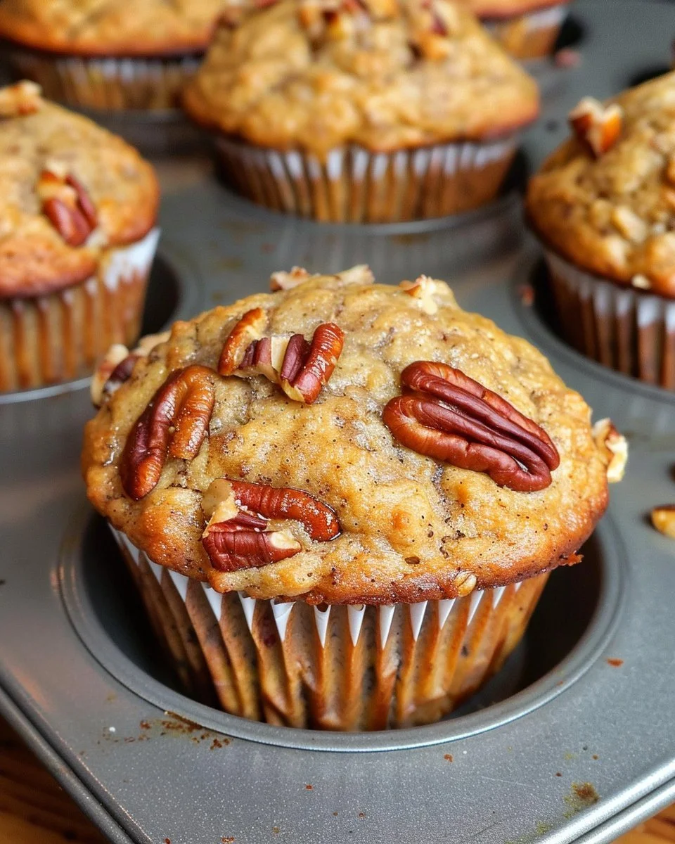 Freshly baked Pecan Banana Muffins with crunchy pecans and ripe bananas