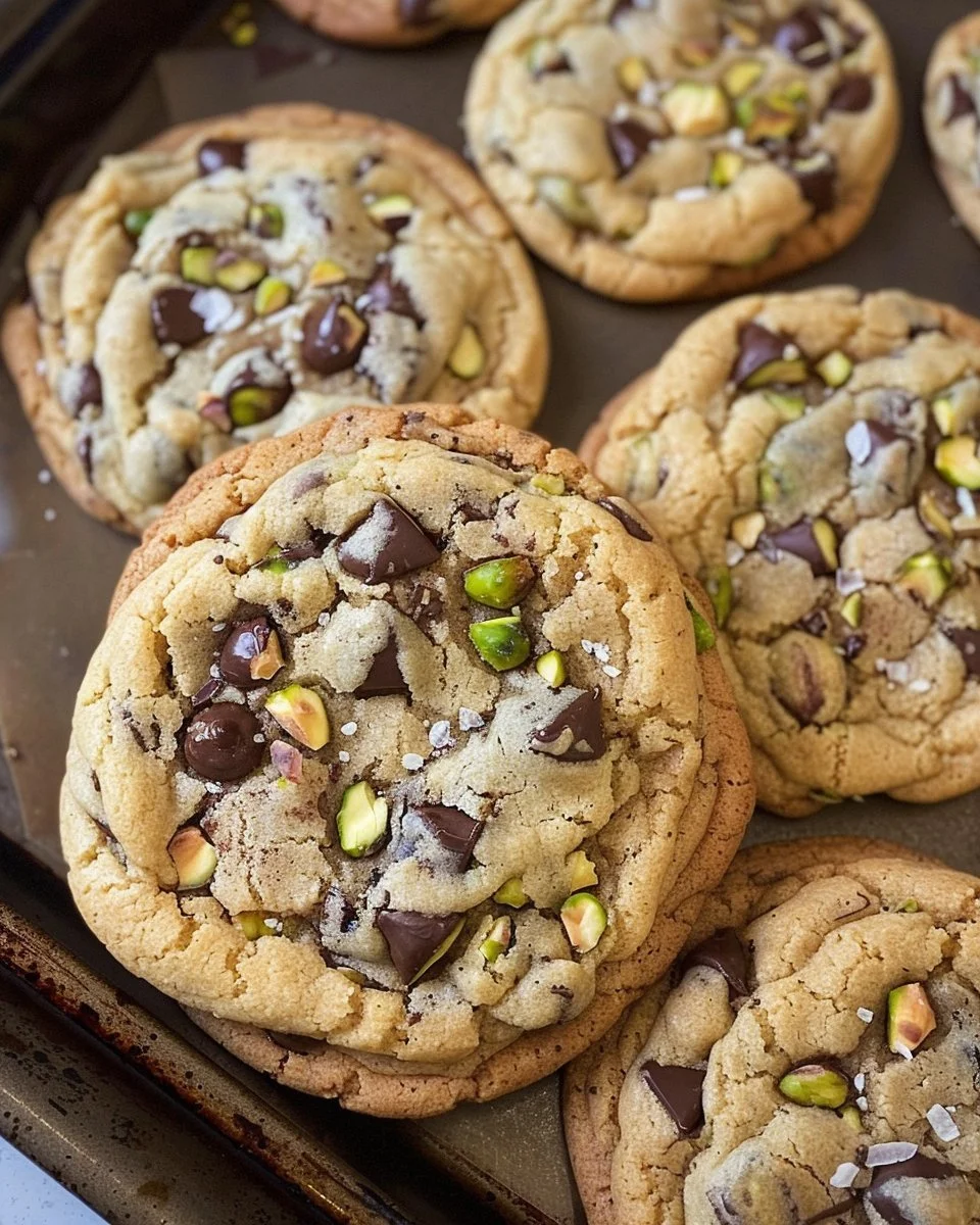 Salted pistachio dark chocolate chip cookies on a wooden table