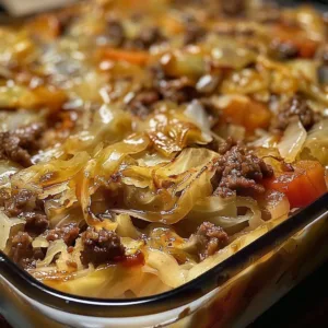 Savory Cabbage Beef Bake dish served with fresh ingredients and herbs.