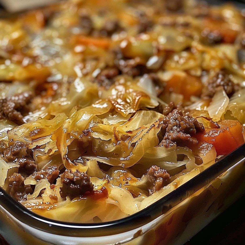 Savory Cabbage Beef Bake dish served with fresh ingredients and herbs.