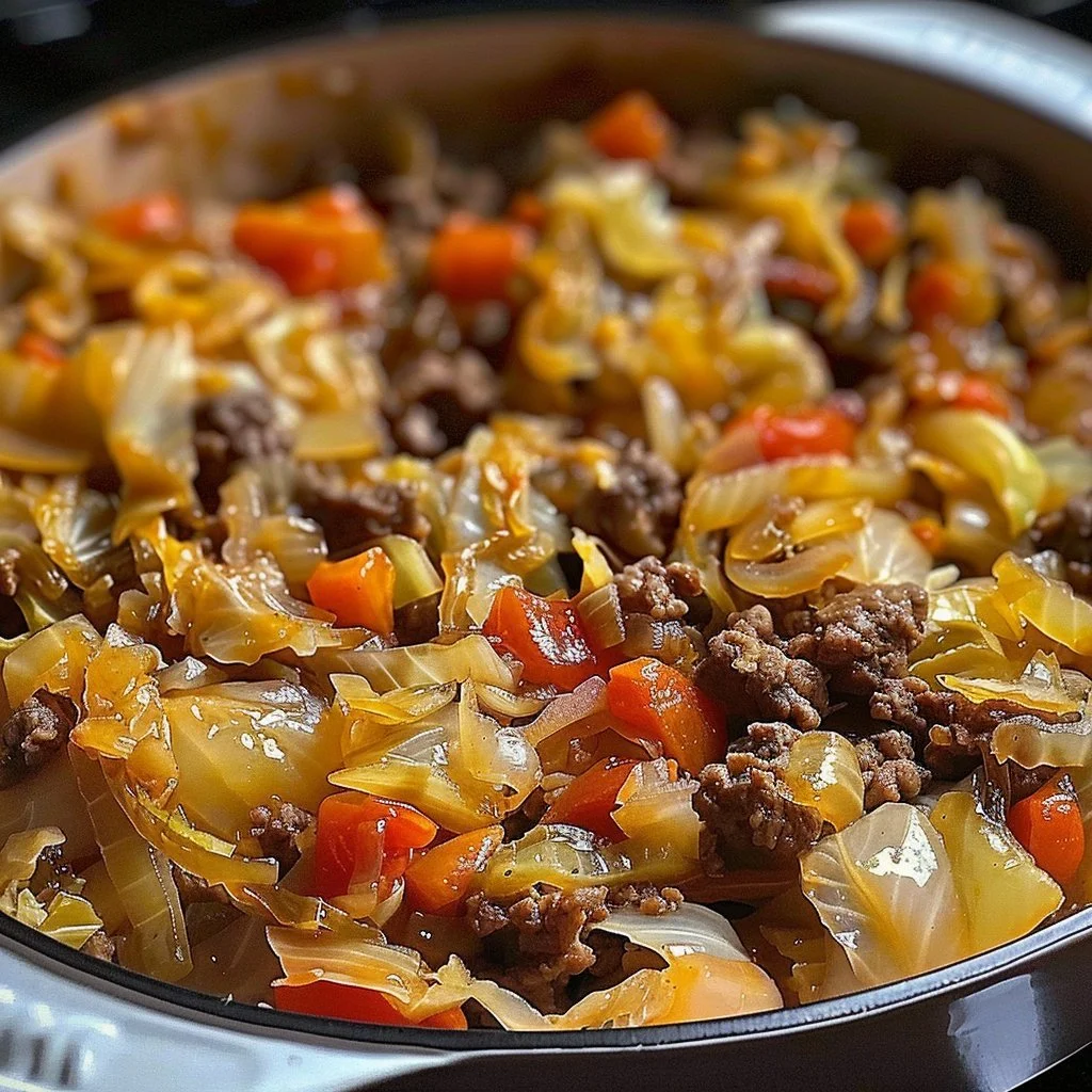 Savory cabbage beef bake with layers of cabbage and seasoned beef